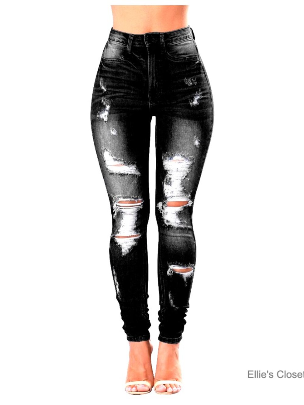 High Waisted Distressed Skinny Jeans Stretch Cotton Denim